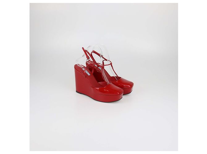 Prada Red Patent Leather T-Strap Wedge Pumps - view 2