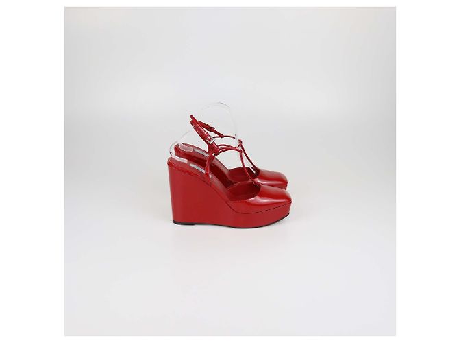 Prada Red Patent Leather T-Strap Wedge Pumps - view 3