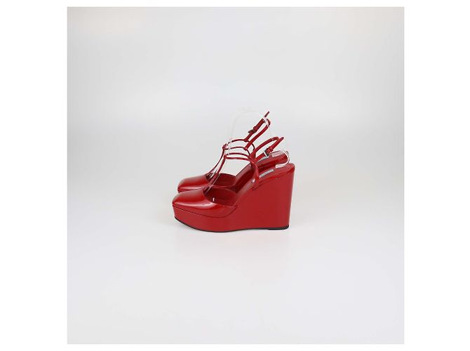 Prada Red Patent Leather T-Strap Wedge Pumps - view 4