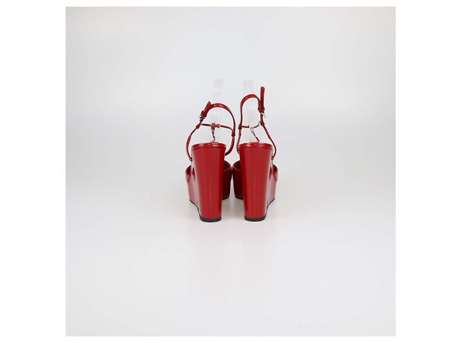 Prada Red Patent Leather T-Strap Wedge Pumps - view 5