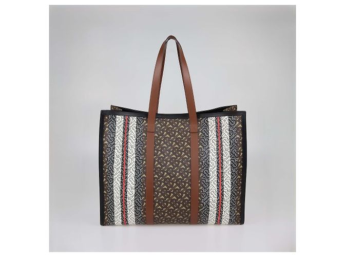 Burberry Briddle Brown Coated Canvas and Leather Medium East West Book Tote Nero Multicolore - vista 3