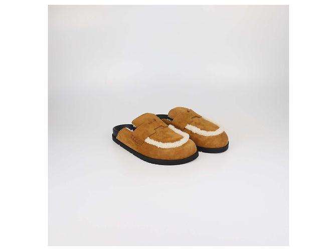 Hermès Mules Hermes GO in camoscio e shearling marrone - vista 2