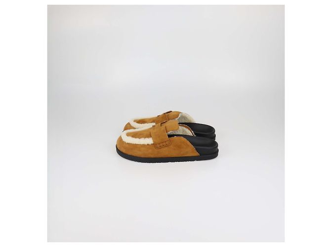Hermès Mules Hermes GO in camoscio e shearling marrone - vista 4