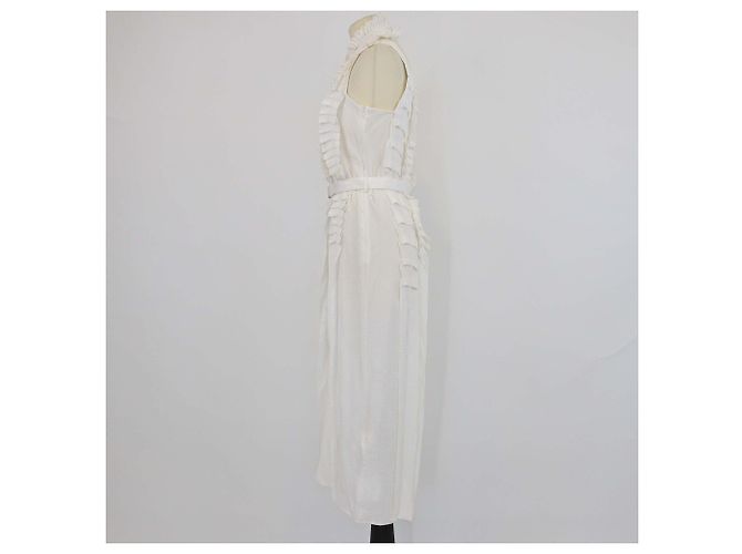 Hermès Hermes Off White Seiden-Midi-Kleid mit Cocarde-Rüschen, Gürtel und Neckholder Weiß - Ansicht 2