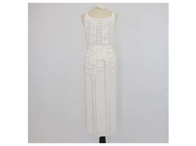 Hermès Hermes Off White Seiden-Midi-Kleid mit Cocarde-Rüschen, Gürtel und Neckholder Weiß - Ansicht 3