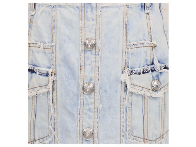 Mini-jupe en denim bleu délavé à boutons Balmain - vue 4