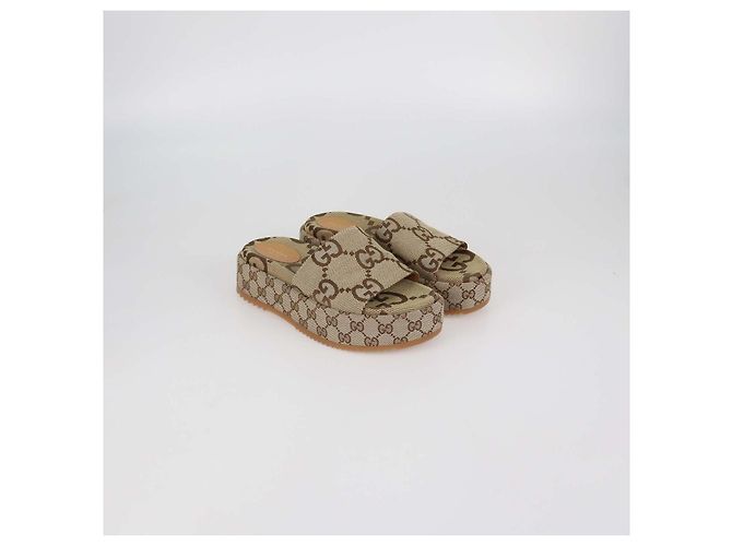 Sandali slide platform Gucci in tela GG beige - vista 2