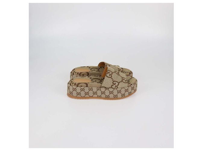 Sandali slide platform Gucci in tela GG beige - vista 3