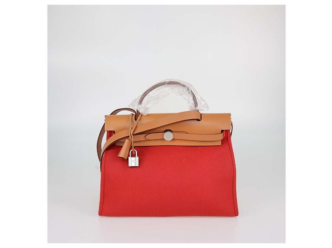 Hermès Hermes Rouge Tomate, Natural Canvas and Leather Herbag Sellier Zip 31 Bag Marrone Rosso - vista 2