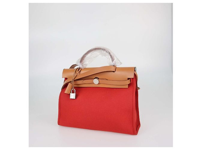 Hermès Hermes Rouge Tomate, Natural Canvas and Leather Herbag Sellier Zip 31 Bag Marrone Rosso - vista 3