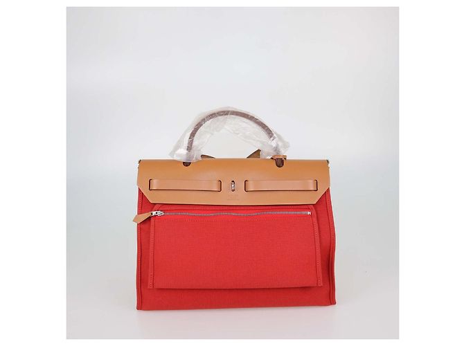 Hermès Hermes Rouge Tomate, Natural Canvas and Leather Herbag Sellier Zip 31 Bag Marrone Rosso - vista 4