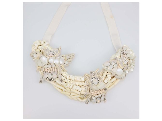 Collana a fiocco Biyan Off-White ricamata con paillettes e cristalli Bianco sporco - vista 2