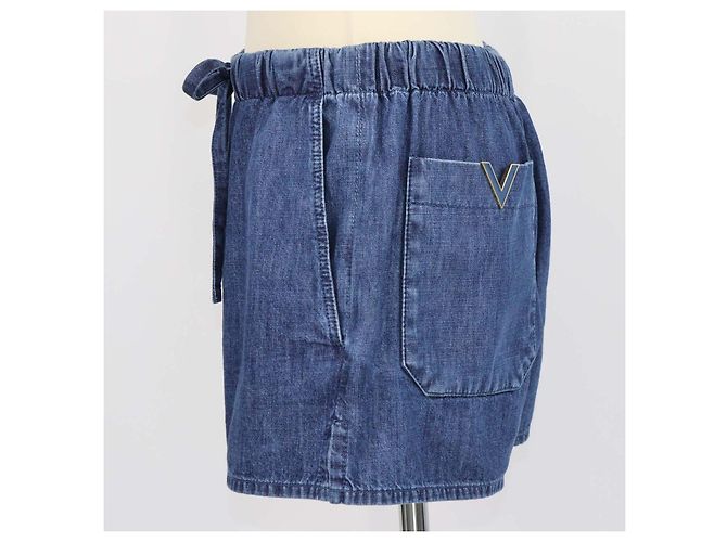 Calções mini de chambray azul Valentino com cordão e logótipo V - vista 2