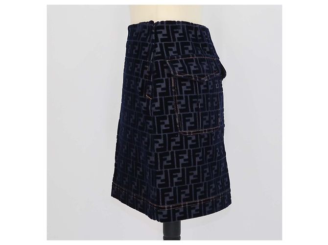Minigonna Fendi in denim blu navy e velluto FF - vista 2