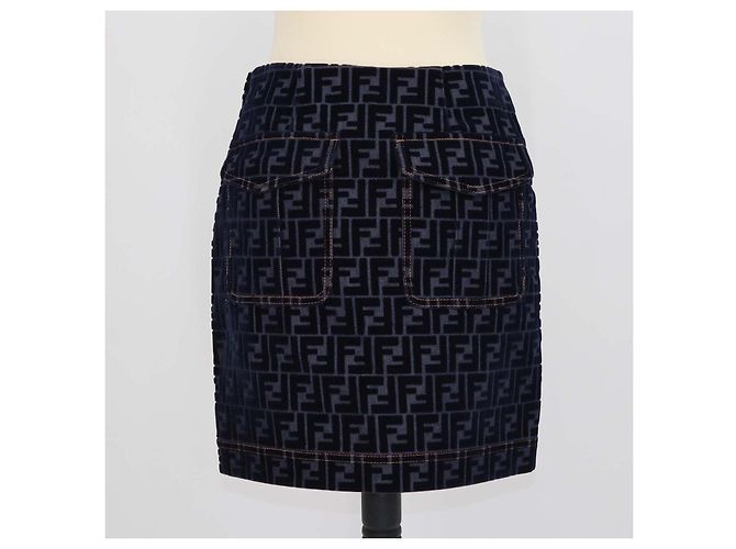 Minigonna Fendi in denim blu navy e velluto FF - vista 3
