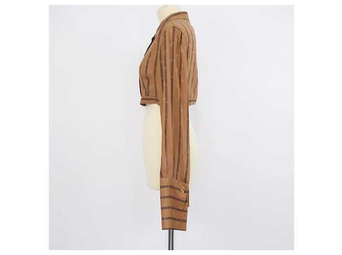 Crop top a maniche lunghe Fendi in seta marrone a righe con logo - vista 2