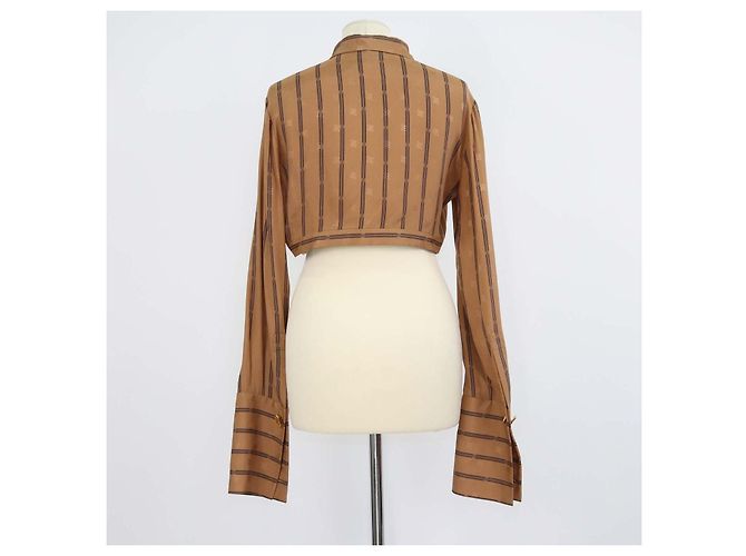 Crop top a maniche lunghe Fendi in seta marrone a righe con logo - vista 3