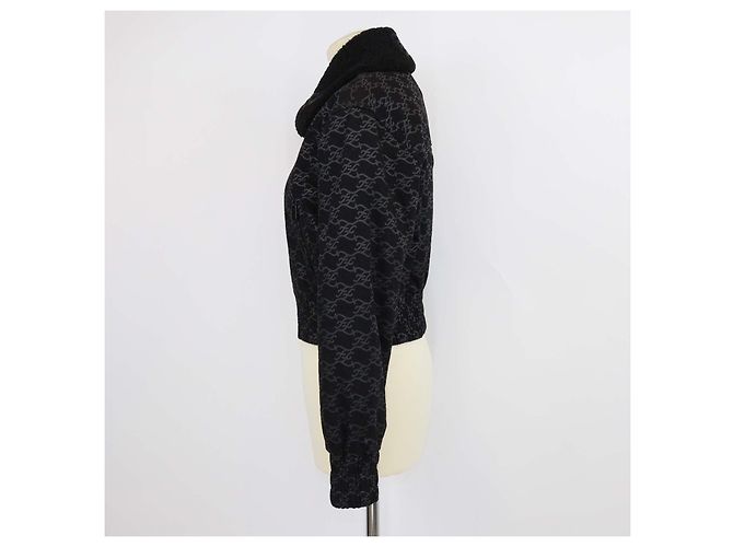 Fendi Black FF Denim Print & Detachable Shearling Collar Zip Jacket - view 2