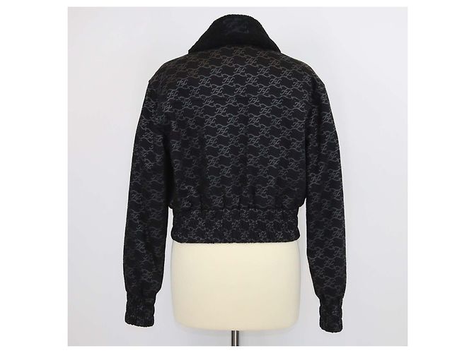 Fendi Black FF Denim Print & Detachable Shearling Collar Zip Jacket - view 3
