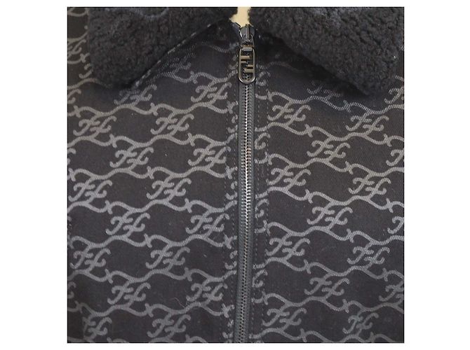 Fendi Black FF Denim Print & Detachable Shearling Collar Zip Jacket - view 4