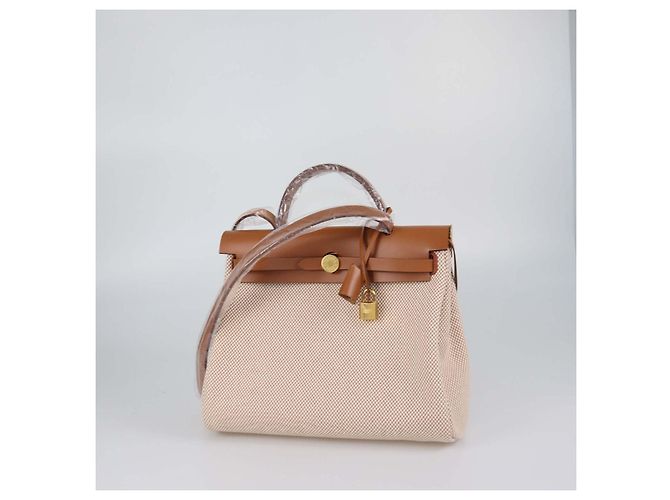 Hermès Borsa Herbag Zip 31 Hermes Ecru Beige/Naturel Sable in Tela Criss Viking e Pelle Vache Hunter - vista 3