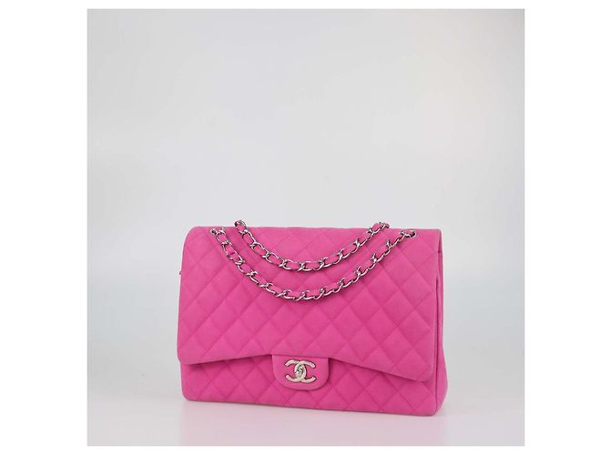 Borsa Chanel Maxi Classic Double Flap in pelle caviar matelassé e nubuck rosa - vista 2