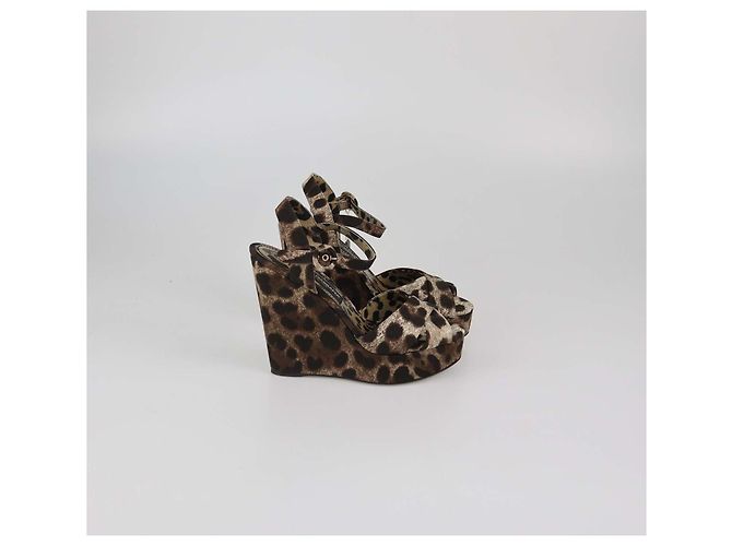 Sandali wedge in tessuto leopardato marrone/beige Dolce & Gabbana - vista 3