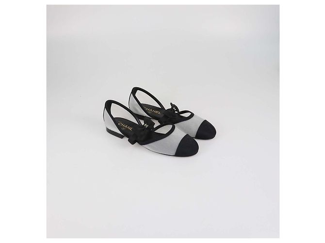 Ballerine Mary Jane Chanel in mesh nero e tessuto con fiocco e punta a contrasto - vista 2