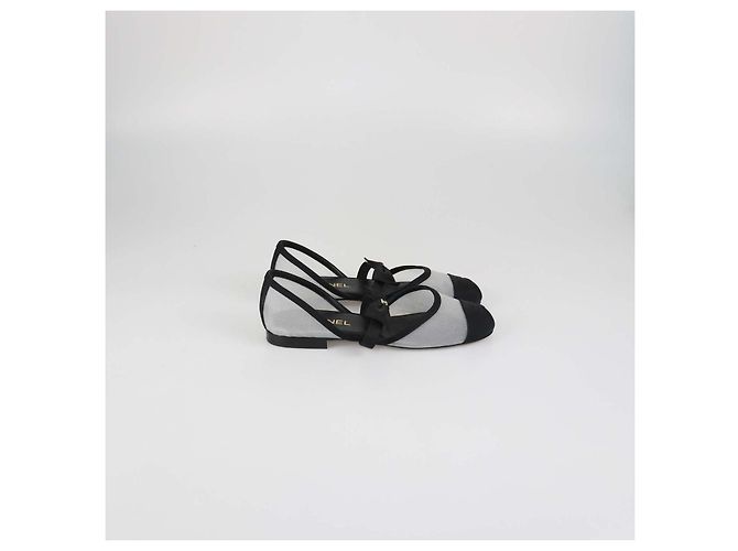 Ballerine Mary Jane Chanel in mesh nero e tessuto con fiocco e punta a contrasto - vista 3
