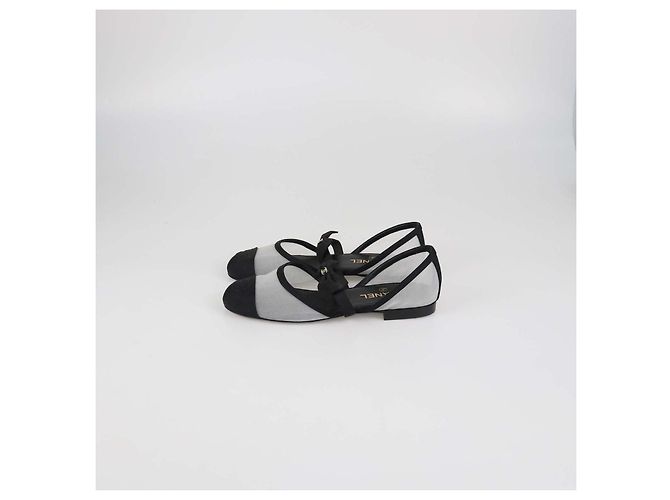 Ballerine Mary Jane Chanel in mesh nero e tessuto con fiocco e punta a contrasto - vista 4