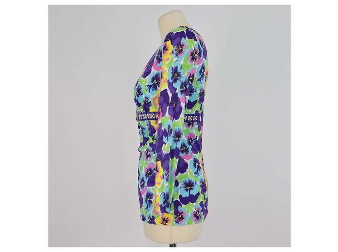 Top Versace multicolore in misto maglia con stampa floreale, scollo a V e maniche lunghe - vista 2
