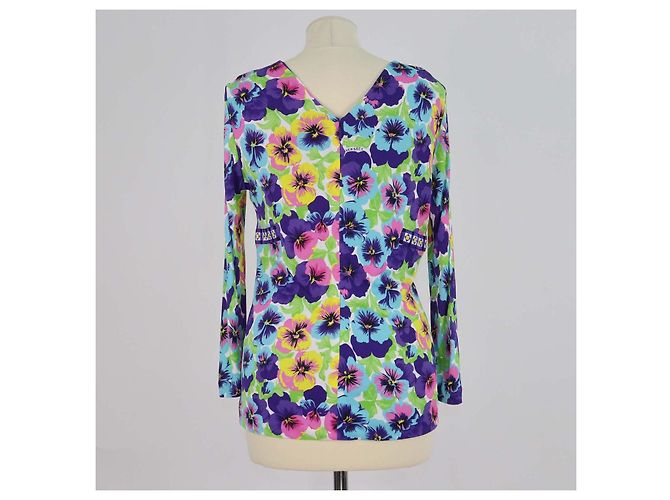 Top Versace multicolore in misto maglia con stampa floreale, scollo a V e maniche lunghe - vista 3