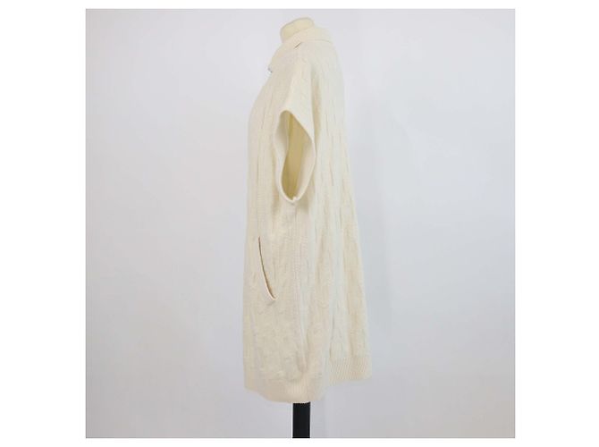 Hermès Hermes Kurzarm-Strickkleid aus Wolle in Creme mit durchgehendem H-Muster und Half-Zip Roh - Ansicht 2