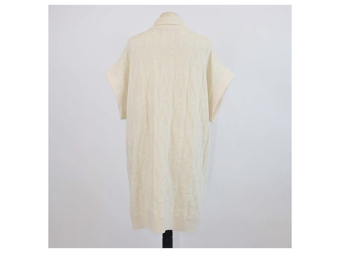 Hermès Hermes Kurzarm-Strickkleid aus Wolle in Creme mit durchgehendem H-Muster und Half-Zip Roh - Ansicht 3