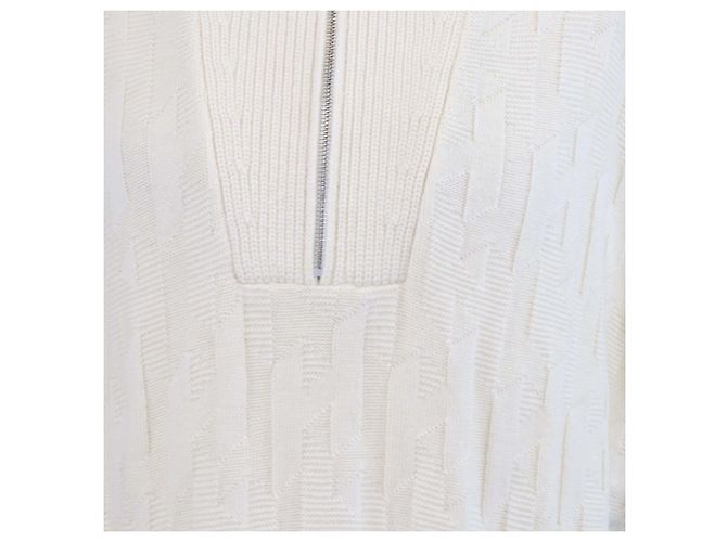 Hermès Hermes Kurzarm-Strickkleid aus Wolle in Creme mit durchgehendem H-Muster und Half-Zip Roh - Ansicht 4