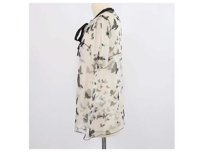 Dolce & Gabbana Top trasparente in seta D&G beige chiaro/nero con stampa a farfalla e dettaglio fiocco - vista 2