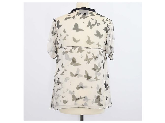 Dolce & Gabbana Top trasparente in seta D&G beige chiaro/nero con stampa a farfalla e dettaglio fiocco - vista 3