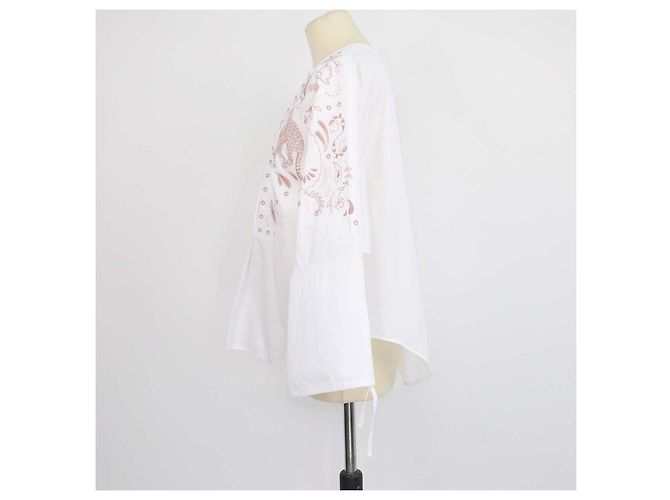 Hermès Camisa de playa bordada Clou de Selle en algodón Blanc Hermes Blanco - vista 2