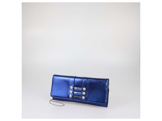Versus Versace Metallic Blue Snake Embossed Leather Chain Clutch Blau - vista 2