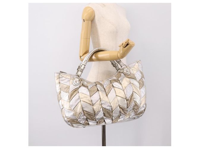 Borsa Tote Miu Miu Pelle Silver Gold Auth 199356A Argento D'oro - vista 23