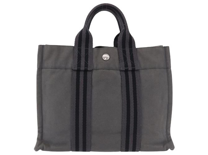 Hermès Borsa HERMES Fourre Tout PM cotone Gray Silver Auth 199978 Marrone Argento - vista 2