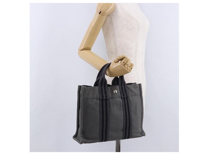 Hermès Borsa HERMES Fourre Tout PM cotone Gray Silver Auth 199978 Marrone Argento - vista 21