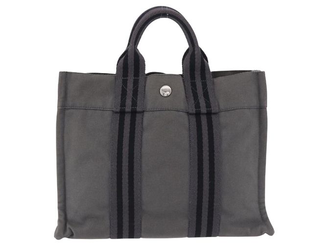 Hermès Borsa HERMES Fourre Tout PM cotone Gray Silver Auth 199978 Marrone Argento - vista 3