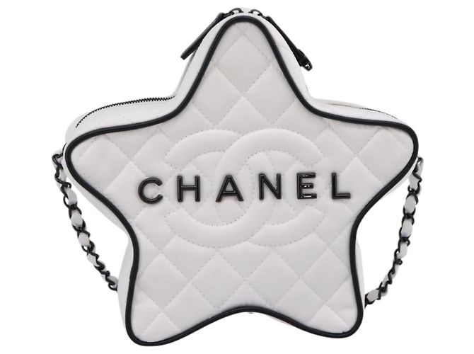 Borsa a tracolla con catena CHANEL Matelassé a forma di stella in raso Bianco Nero Auth 200368SM - vista 2