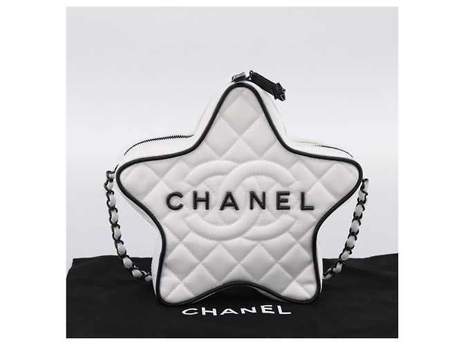 Borsa a tracolla con catena CHANEL Matelassé a forma di stella in raso Bianco Nero Auth 200368SM - vista 23