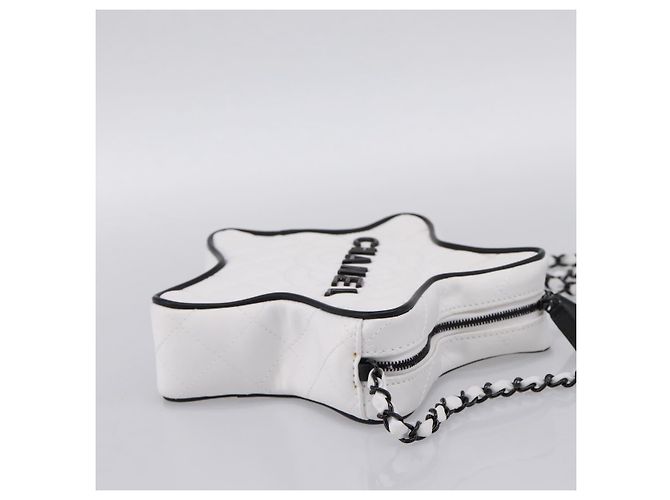 Borsa a tracolla con catena CHANEL Matelassé a forma di stella in raso Bianco Nero Auth 200368SM - vista 5
