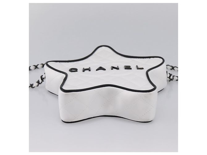 Borsa a tracolla con catena CHANEL Matelassé a forma di stella in raso Bianco Nero Auth 200368SM - vista 9
