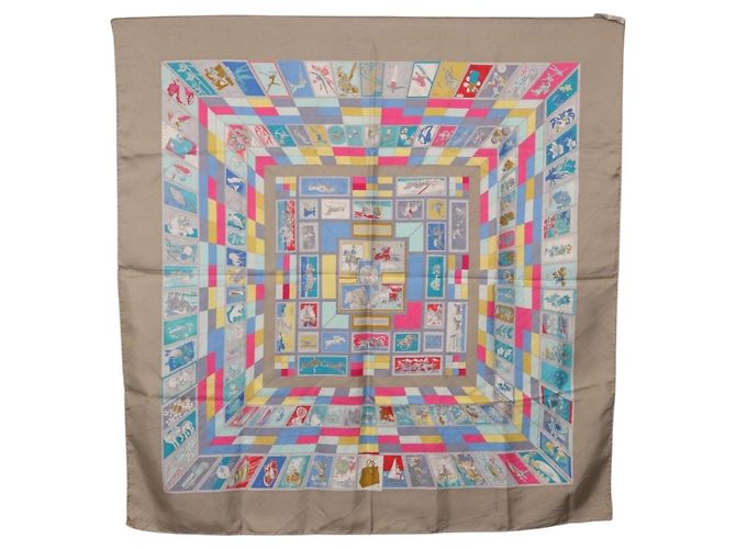 Hermès Foulard HERMES Carre 90 "CORRE SPONDANCE" Seta Grigio Auth hk4128 Marrone - vista 13