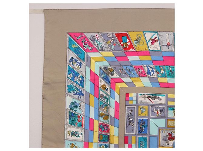 Hermès Foulard HERMES Carre 90 "CORRE SPONDANCE" Seta Grigio Auth hk4128 Marrone - vista 2
