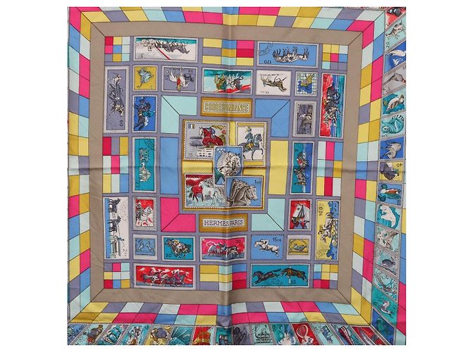 Hermès Foulard HERMES Carre 90 "CORRE SPONDANCE" Seta Grigio Auth hk4128 Marrone - vista 6